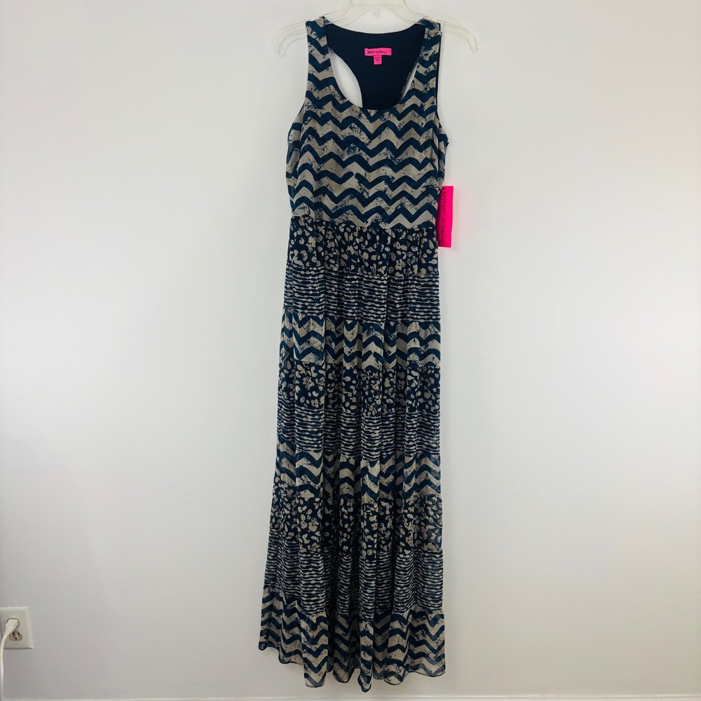 Betsey Johnson Women's Blue Taupe Beige Chevron Sleeveless Long Maxi Dress Sz 6